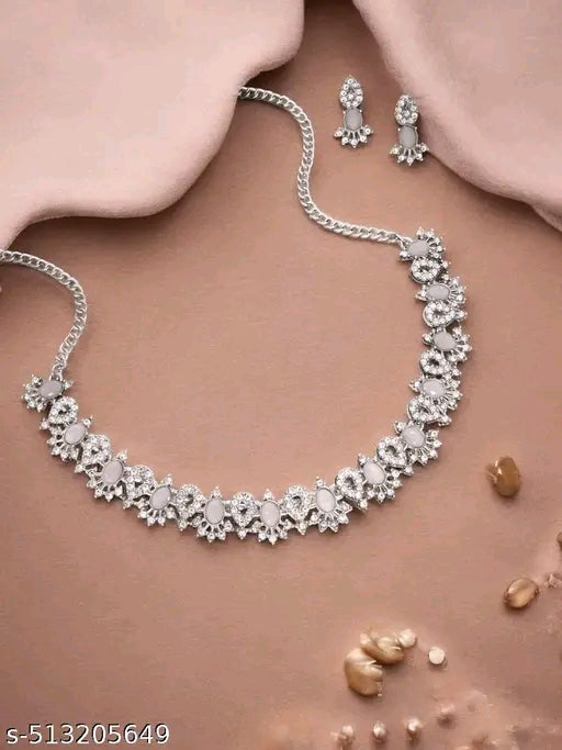 Silver Plated Grey Choker Necklace Set