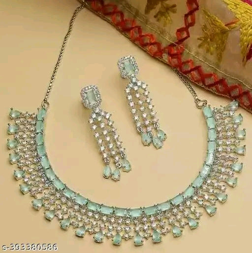 Rhodium Plated Necklace Set in Mint Green Colour