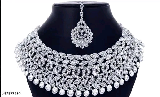 Sterling Rhodium Plated White Austrian Diamond Necklace Set
