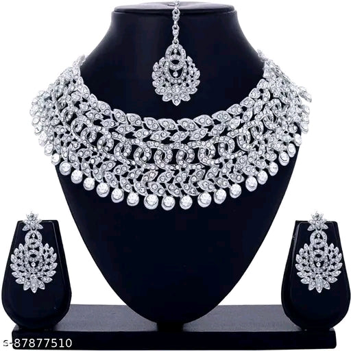 Sterling Rhodium Plated White Austrian Diamond Necklace Set